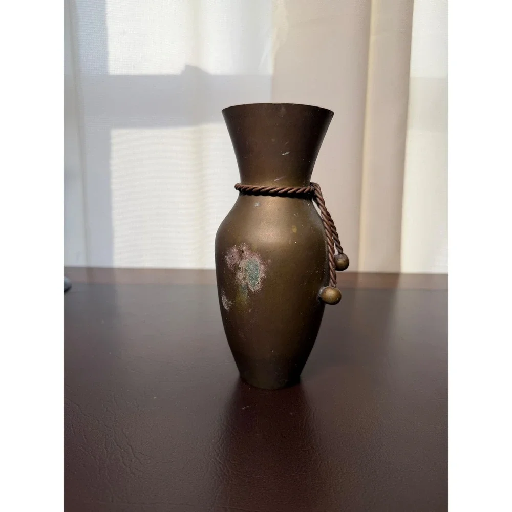 Vintage Brass Bud Vase Flared Rim Twisted Rope Accent Aged Patina 7 Inch